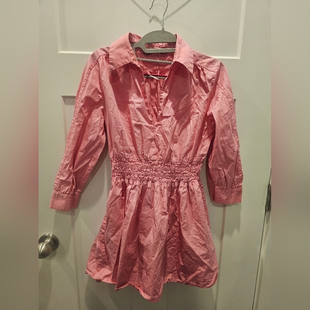 Zara Women’s Small Pink Shirt Dress Smocked Waist 3/4 Sleeve Collared Cotton Tun